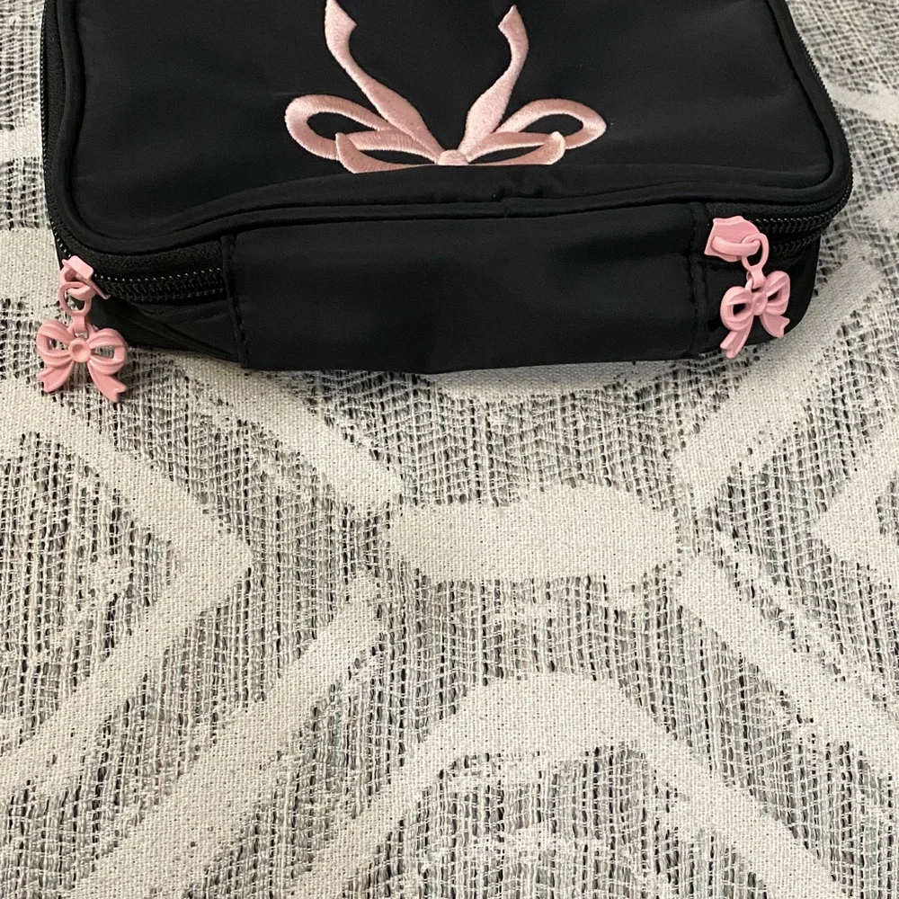 Black Cosmetic Pouch with Pink Embroidered Bow